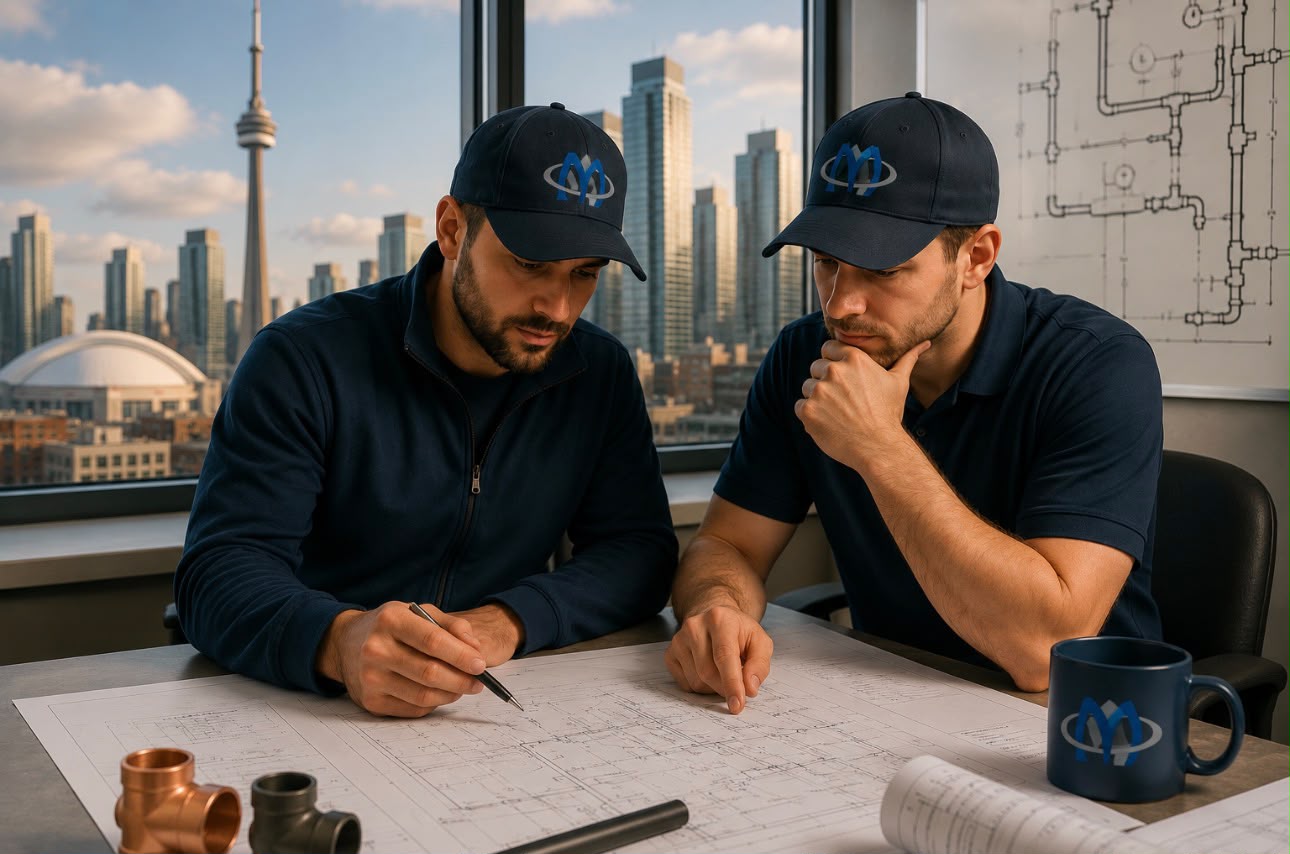 A&D Marca plumbers reviewing building plans in Toronto